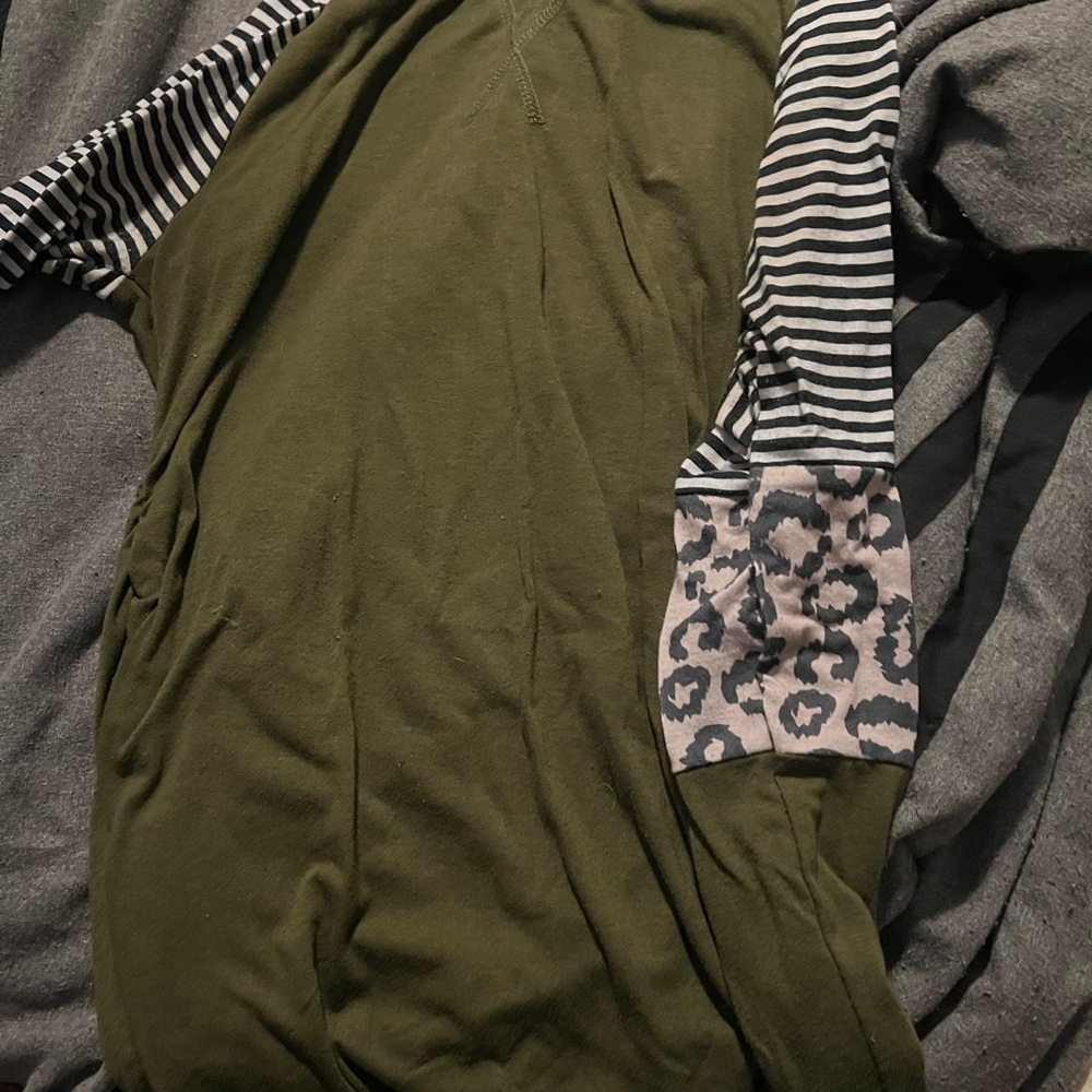 Olive Green Top with Striped and Leopard Sleeves- Maternity shirt